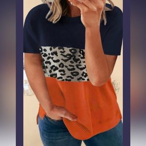Navy and Orange Animal Print Short Sleeve Shirt Boutique Style NWOT